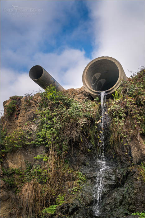 Photo: Water draining from concrete sewer pipe at Glass Beach, MacKerricher State Park, Fort Bragg, Mendocino County, California