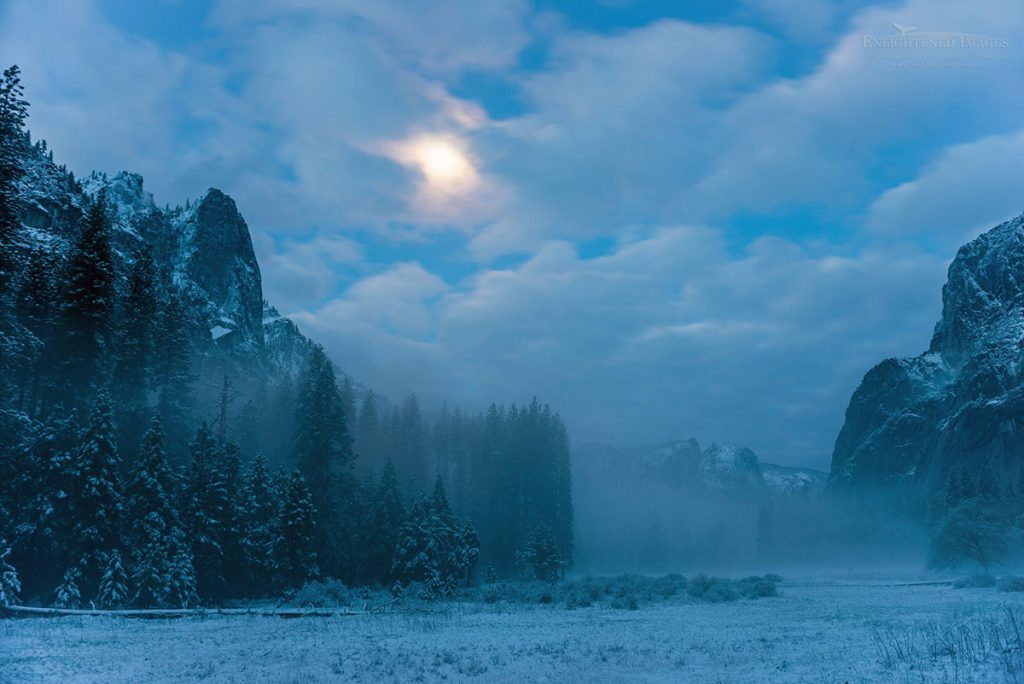 Photo: Moon over mist in snow-covered Yosemite Valley at dawn, Yosemite National Park, California