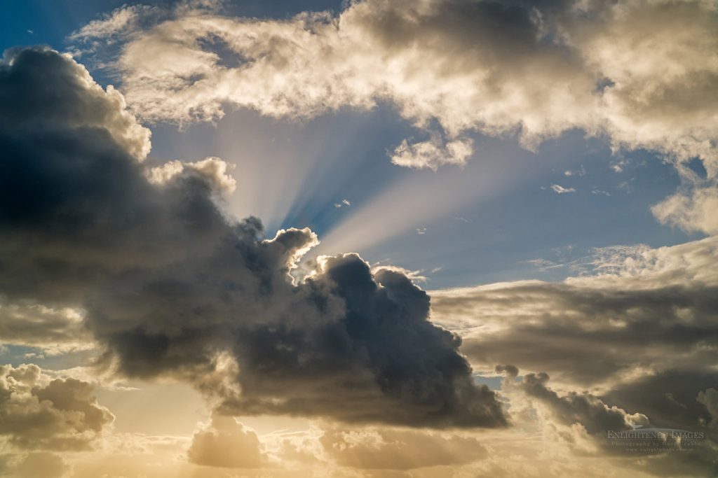 Photo: Crepuscular rays (sunbeams) behind stratocumulus clouds at sunrise, Kauai, Hawaii