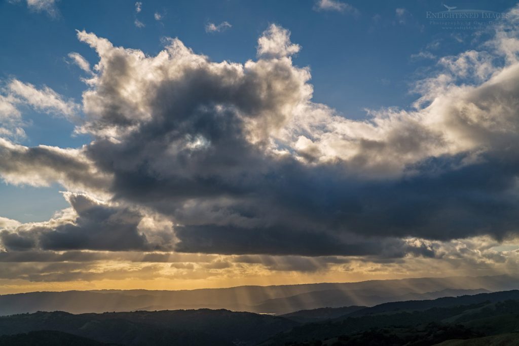 Photo: Crepuscular Rays (sunbeams) at sunset behind stratocumulus clouds over Henry Coe State Park, Santa Clara County, California