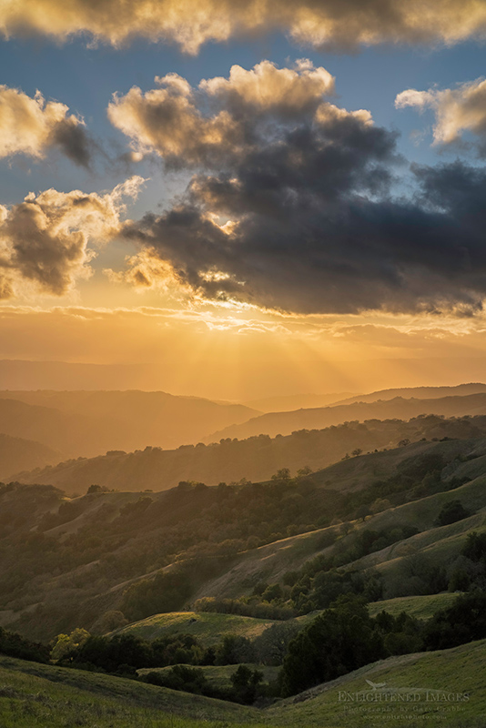 Image: Crepuscular rays (Sunbeams) at sunset over rolling green hills in spring at Henry Coe State Park, Santa Clara County, California