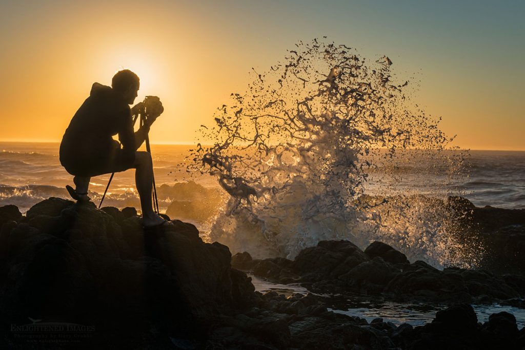 Photo: Photographer shooting spray from breaking waves at Thor's Well at sunset, Cape Perpetua Scenic Area, Siuslaw National Forest, Oregon Coast, Oregon