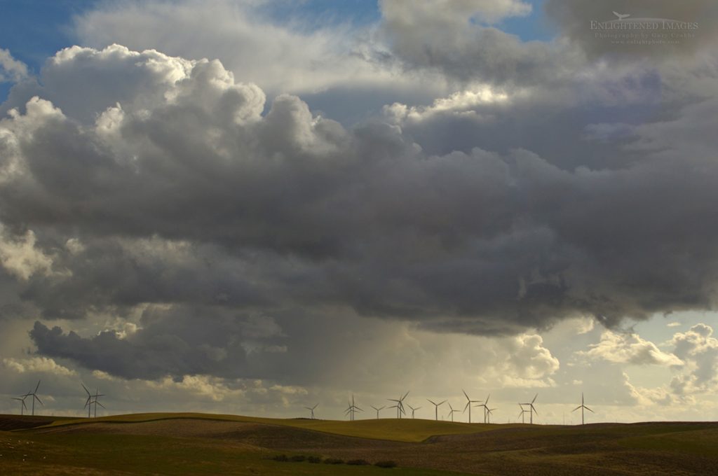 Photo: Power generating windmills in wind farm fields, below dark grey thunderstorm clouds, Montezuma Hills, California