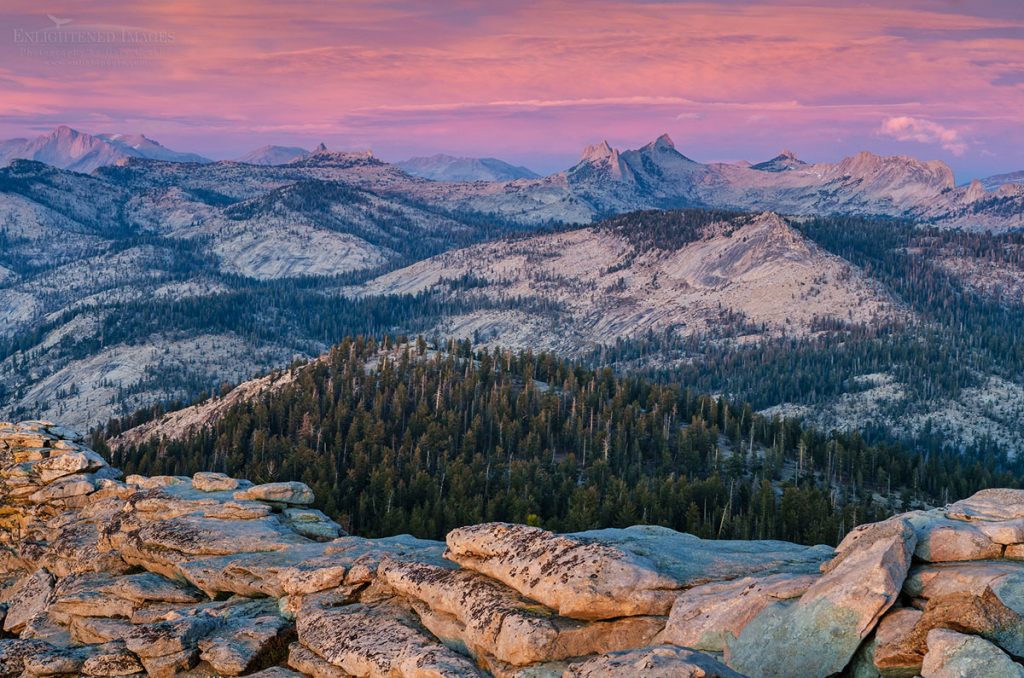 Photo: The High Sierra crest of the Cathedral Range seen at sunset from the summit of Clouds Rest, Yosemite National Park, California