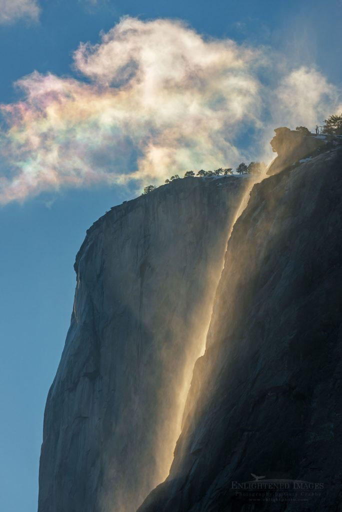 Photo: Iridescence in cloud above Horsetail Fall and El Capitan, Yosemite Valley, Yosemite National Park, California