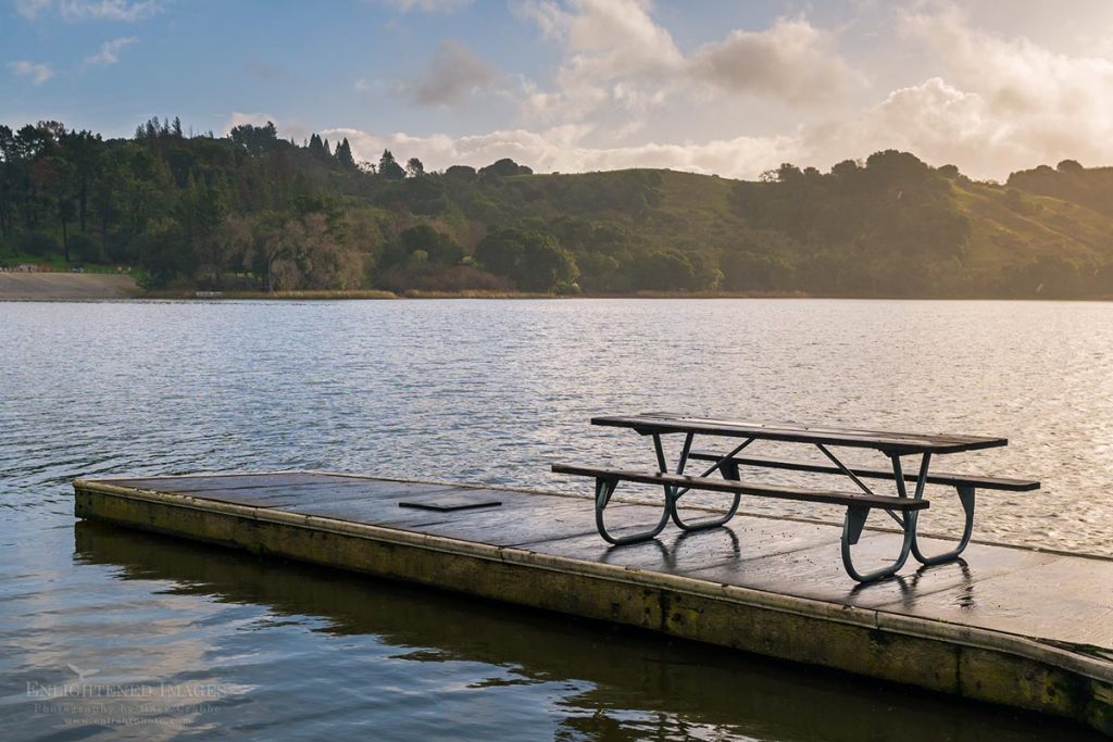 Photo: An empty picnic table on a dock on a quiet lake in the morning, Lafayette Reservoir, Lafayette, California