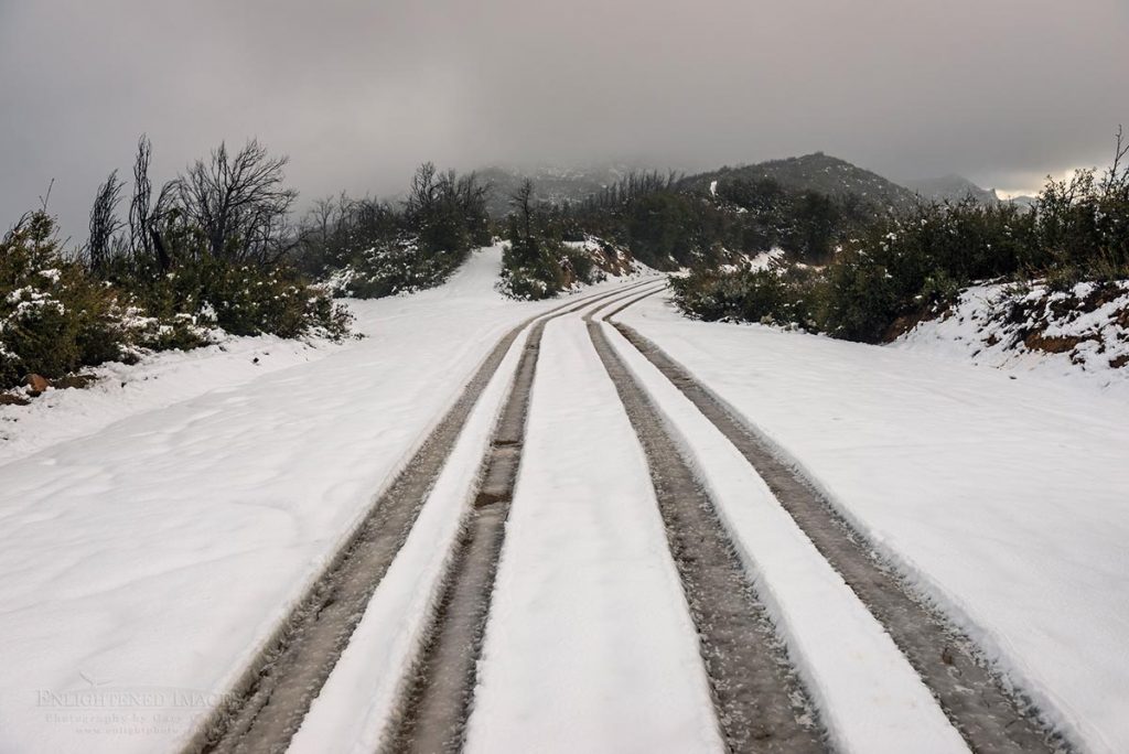 Photo picture of Fresh tire tracks through new snow along a backcountry mountain road in the Los Padres National Forest, Monterey County, California