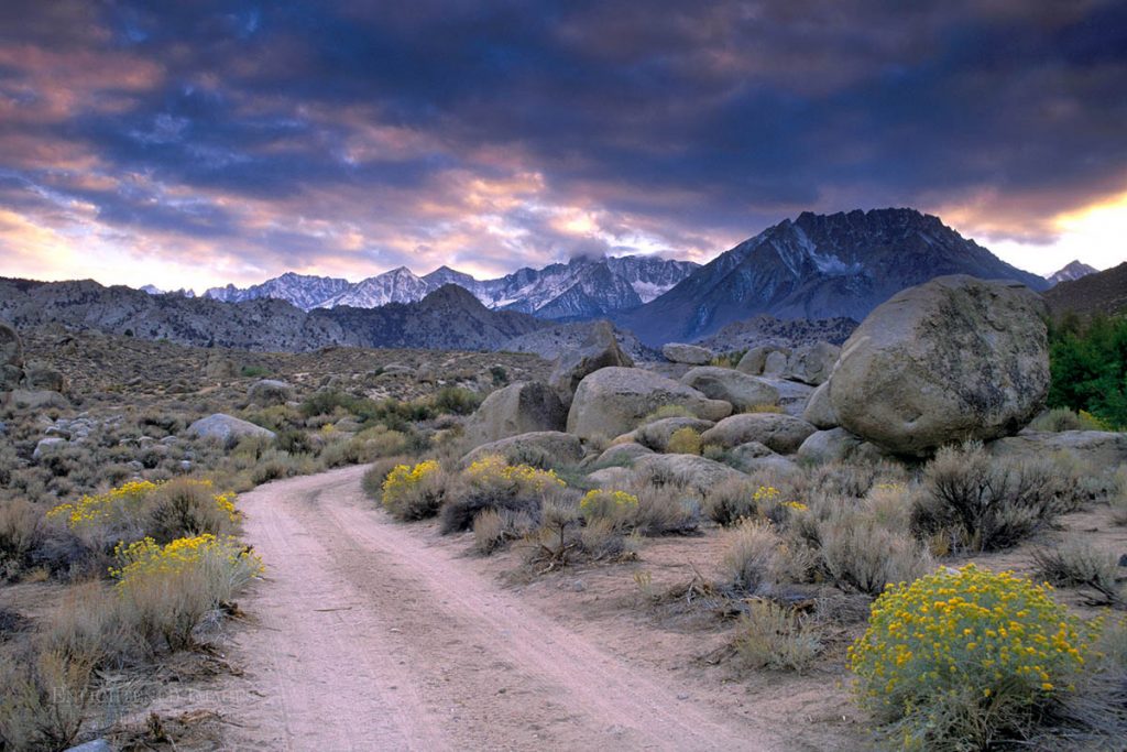 Photo picture of Stormy sunset over dirt road in the mountains near Bishop, Eastern Sierra, Inyo County, California