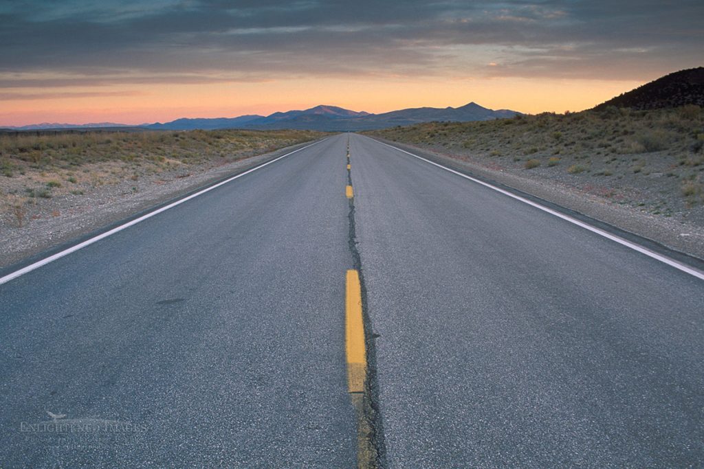 Photo picture of Long straight empty road through the high desert at sunrise near Elko, Nevada