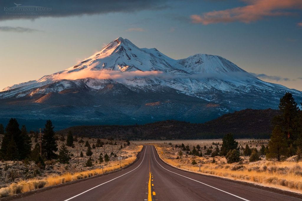 Photo: Mount Shasta volcano and rural two-lane highway road, Siskiyou County, California