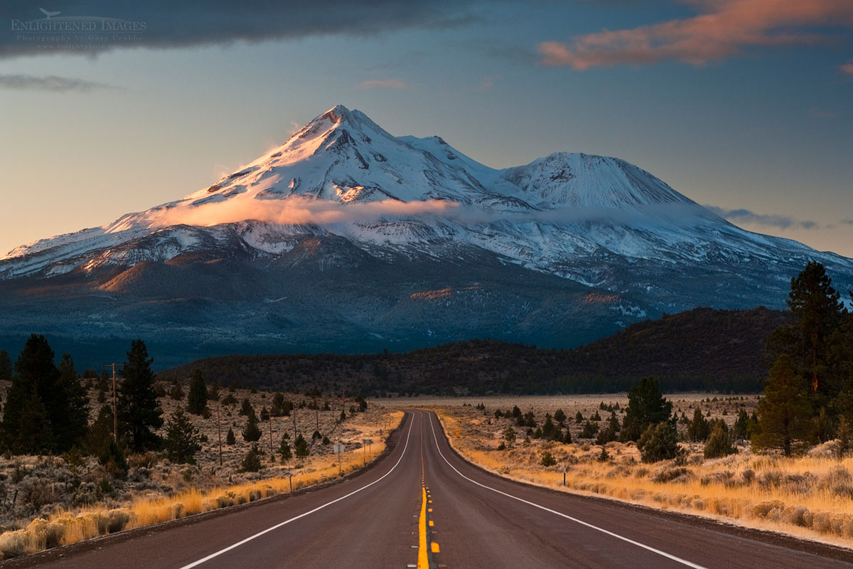 Picture of Mount Shasta and rural highway, Siskiyou County, California