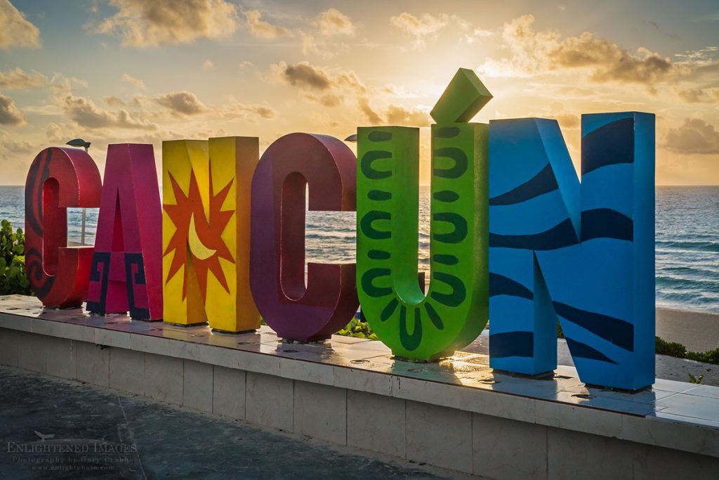Photo: Sunrise behind the Cancun visitor sign at Playa Delfinas, Cancun, Yucatan Peninsula, Quintana Roo, Mexico