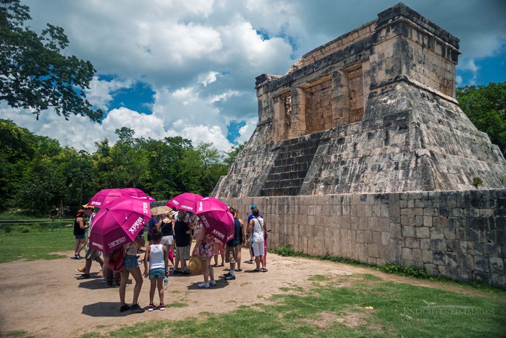Photo: Tourists in front of the Temple of the Bearded Man -Templo del Hombre Barbado; Mayan ruins at Chichen-Itza, Yucatan Mexico