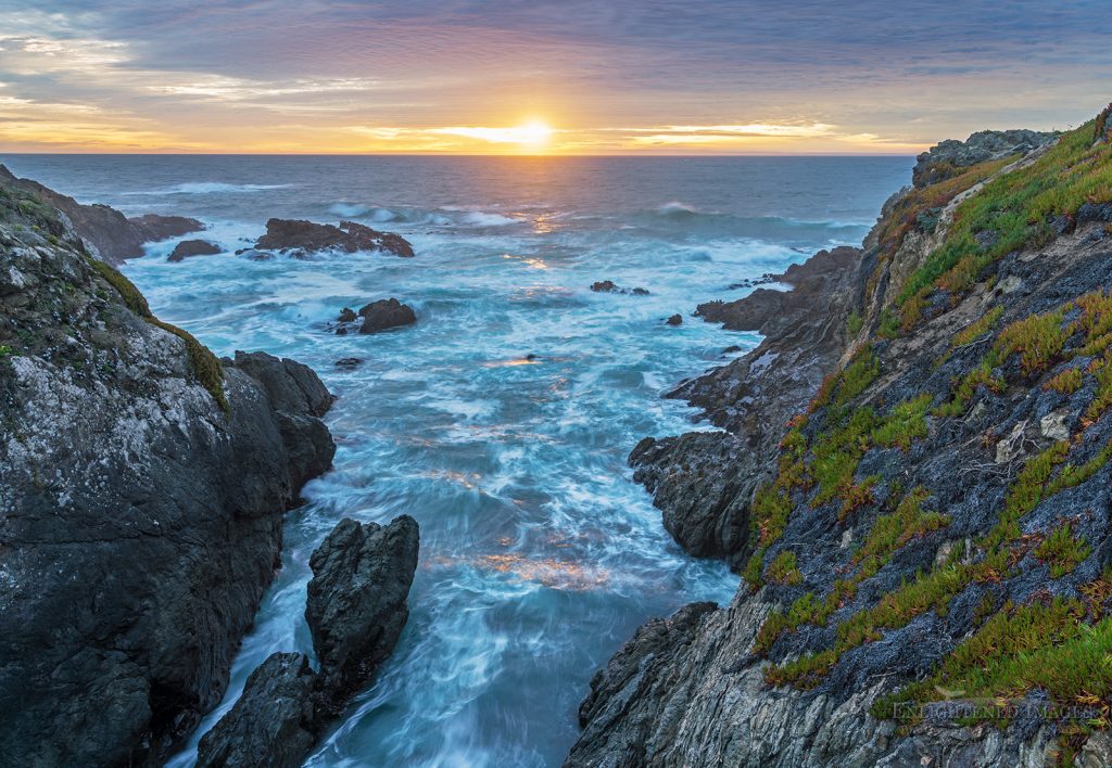 Photo picture of Stormy evening sunset over the coastal rocks and cliffs at the Pomo Bluffs, Fort Bragg, Mendocino County coast, California