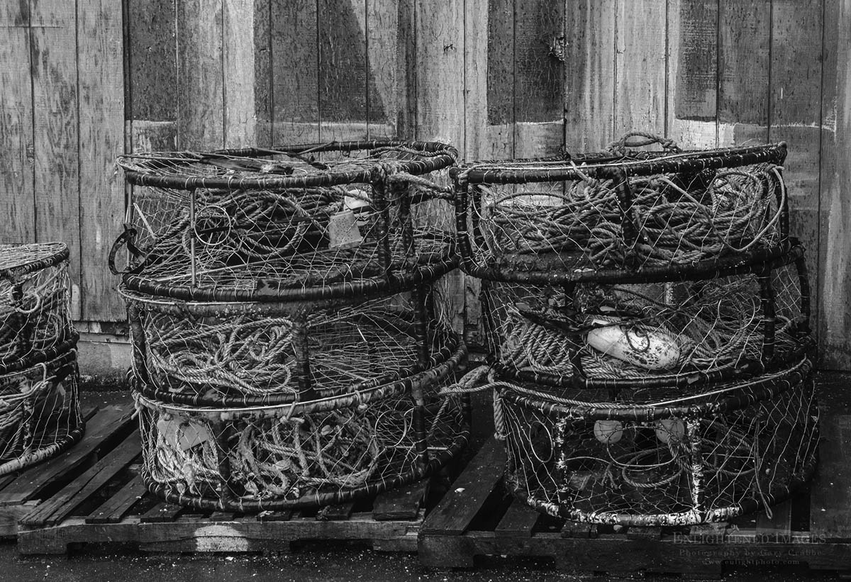 Photo picture of Black and White of Crab pots at Newport, Oregon