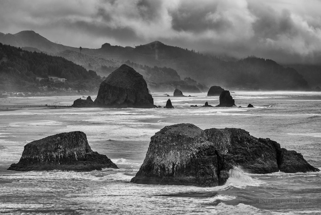 Photo picture of Black and White Storm clouds over Cannon Beach coast from Ecola Point Viewpoint, Oregon