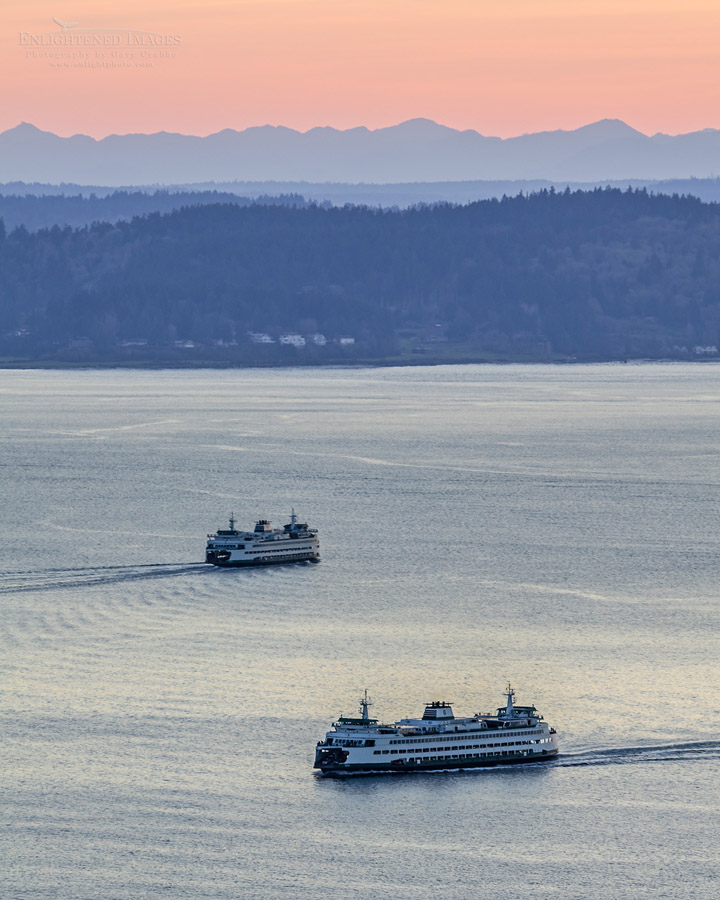 Photo picture of Ferry boats in Puget Sound at sunset, Seattle Washington