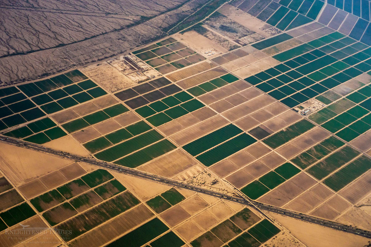 Photo picture of Aerial view over agricultural cropland farming fields in Arizona